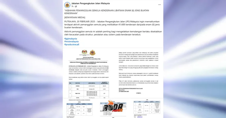 JPJ Umum Pemanggilan Semula 41,688 Kenderaan