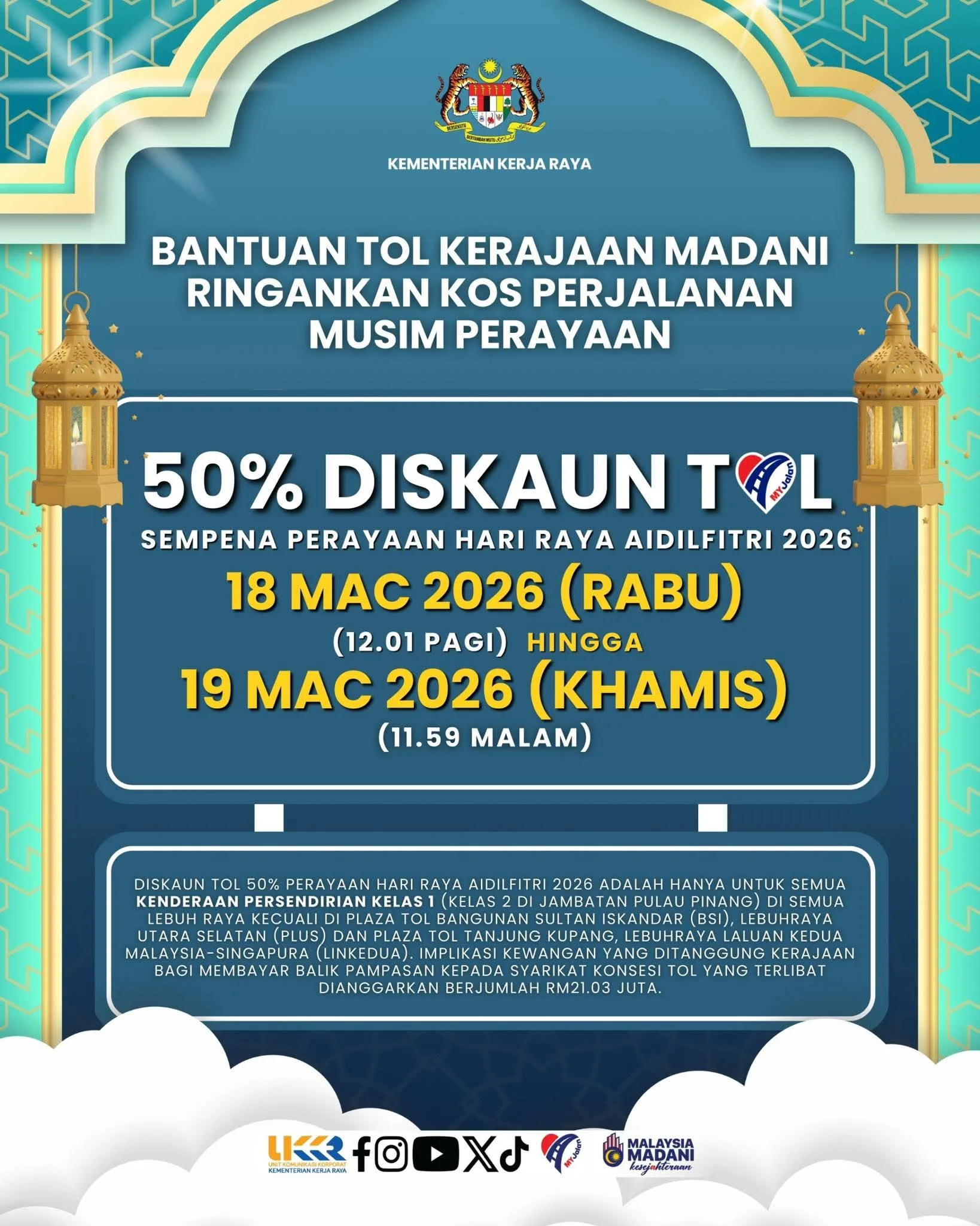 Diskaun Tol 50% Sempena Aidilfitri Bermula 18 Mac